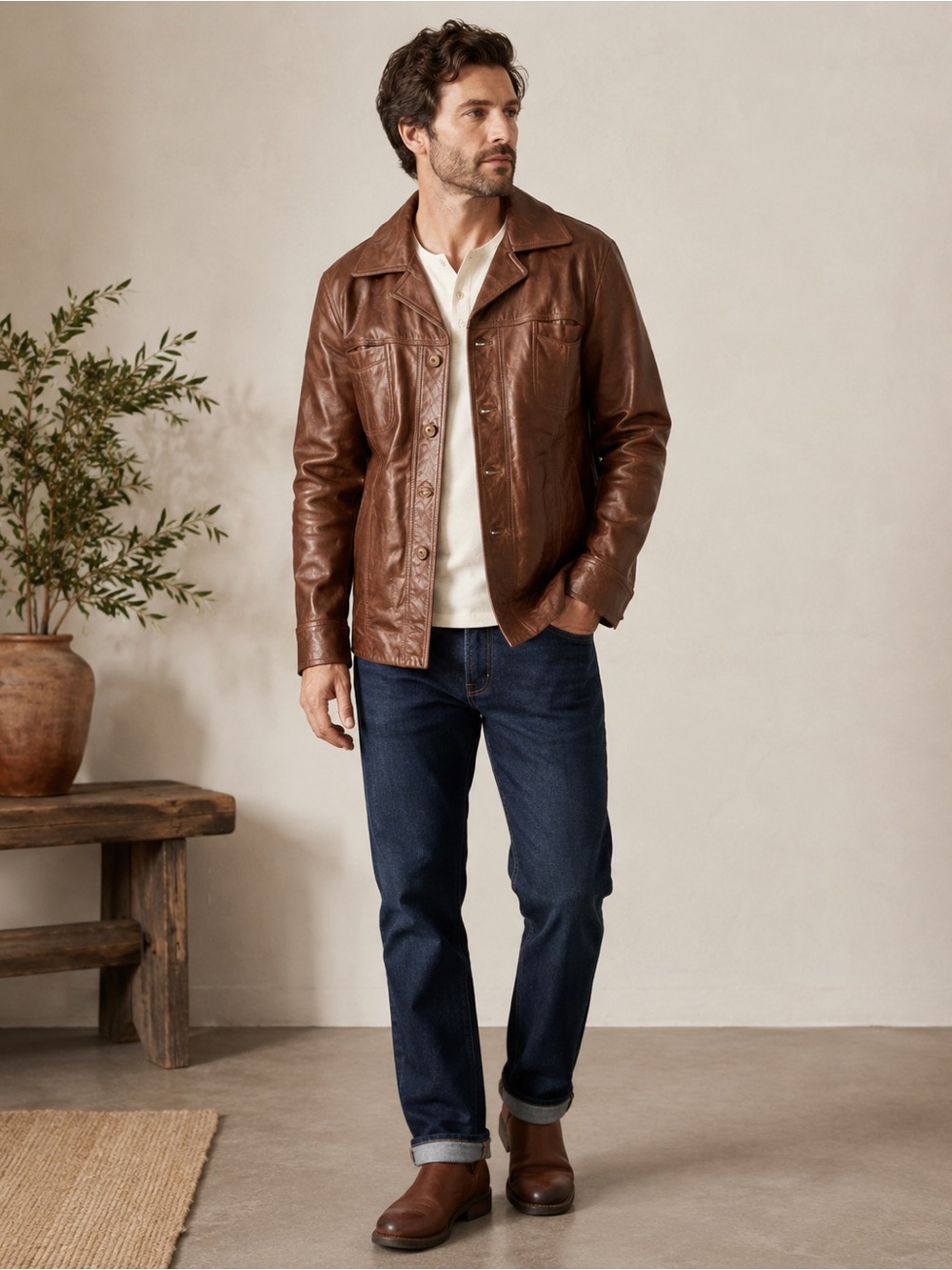 Roundtree & Yorke Men’s Medium Brown Genuine Leather Button Front Jacket Coat